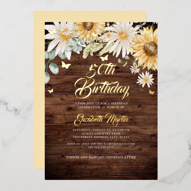 Rustic Sunflower Butterfly 50th Birthday Party  Foil Invitation (Front/Back)