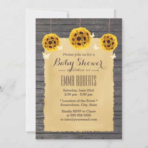 Rustic Sunflower &amp; Butterfly Barn Wood Baby Shower 5x7 Paper Invitation Card