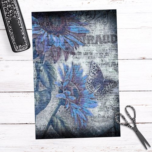 Rustic Sunflower Butterfly Blue Ephemera Decoupage Tissue Paper
