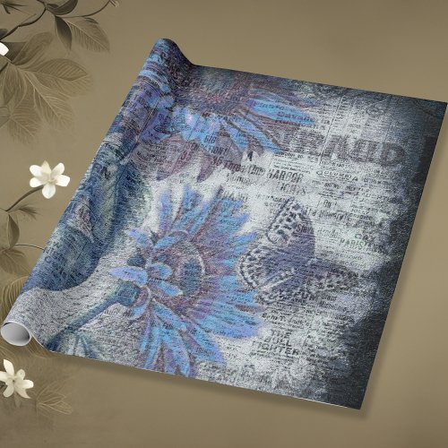 Rustic Sunflower Butterfly Blue Ephemeral Wrapping Paper