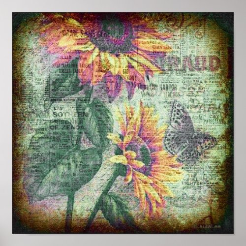 Rustic Sunflower Butterfly Bold Botanical  Poster