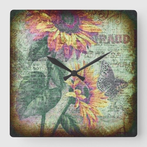 Rustic Sunflower Butterfly Bold Ephemera Square Wall Clock