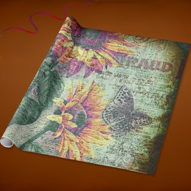 Rustic Sunflower Butterfly Bold Ephemera Wrapping Paper (Creator Uploaded)