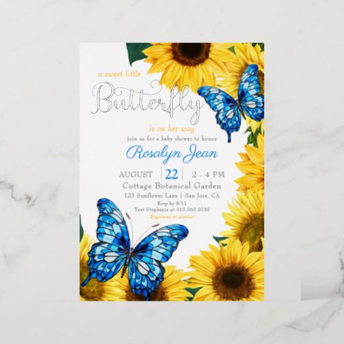 Rustic Sunflower Butterfly Cobalt Blue Yellow Foil Invitation