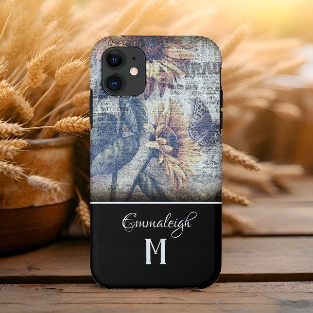 Rustic Sunflower Butterfly Ephemeral Monogram Case-Mate iPhone Case (Creator Uploaded)