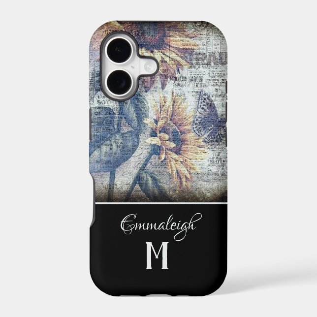 Rustic Sunflower Butterfly Ephemeral Monogram Iphone Case (Back)