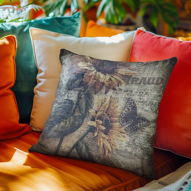 Rustic Sunflower Butterfly Ephemeral Throw Pillow (Creator Uploaded)