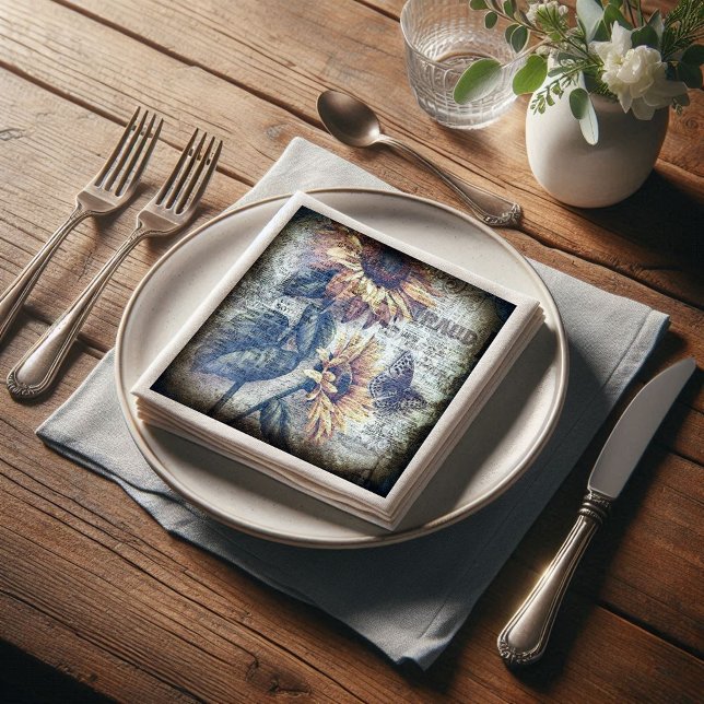Rustic Sunflower Butterfly Newspaper Decoupage Paper Dinner Napkins (Creator Uploaded)