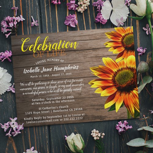 Rustic Sunflower Celebration of Life  Funeral Invitation