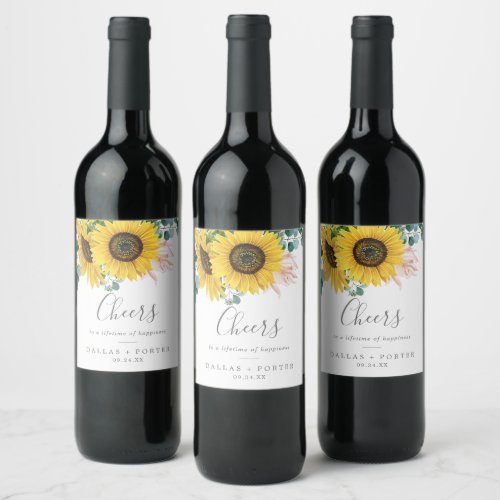 Rustic Sunflower Cheers Wedding Wine Labels