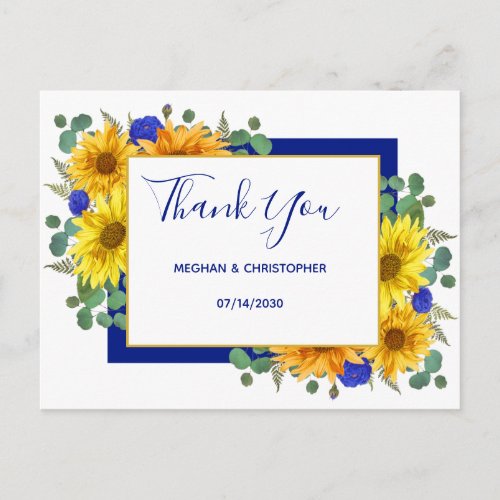 Rustic Sunflower Chic Blue Roses Wedding Thank You Postcard