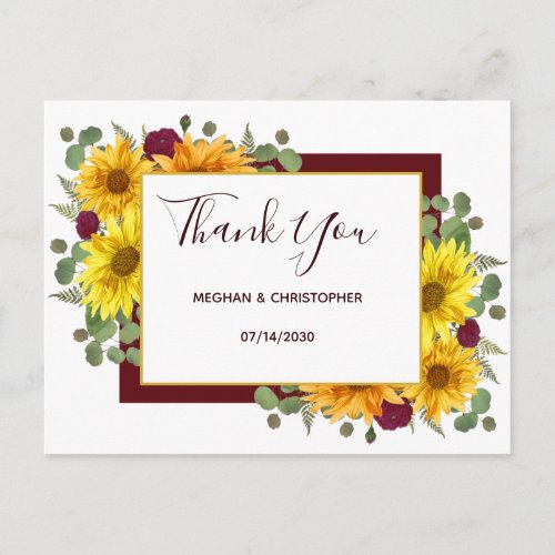 Rustic Sunflower Chic Red Roses Wedding Thank You Postcard