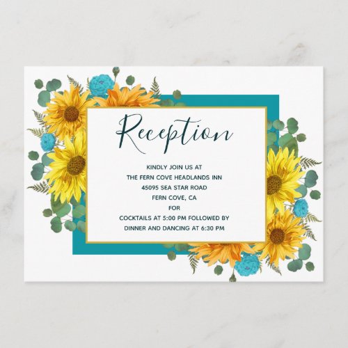 Rustic Sunflower Chic Teal Roses Wedding Reception Enclosure Card