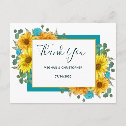 Rustic Sunflower Chic Teal Roses Wedding Thank You Postcard