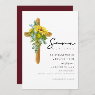 Rustic Sunflower Christian Cross Burgundy Wedding Save The Date