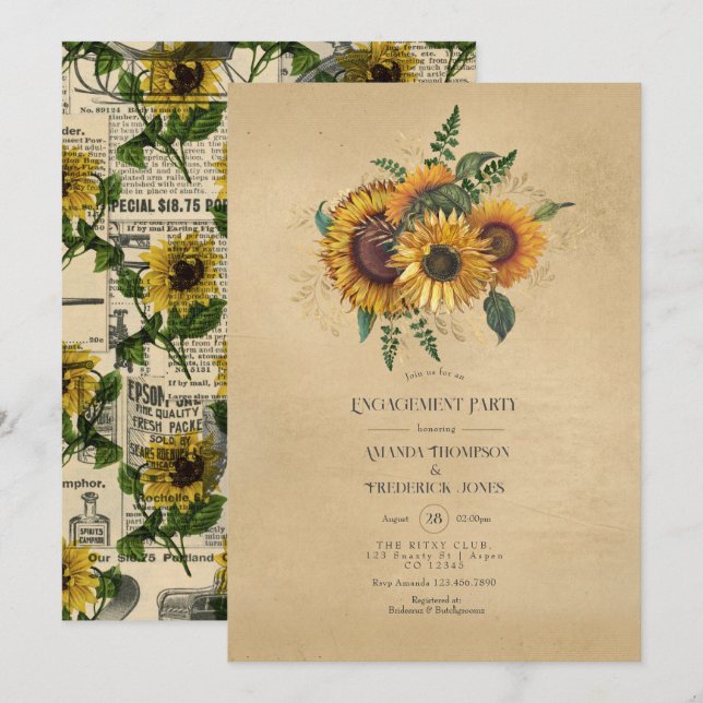 Rustic Sunflower Country Barn Engagement Party Invitation (Front/Back)