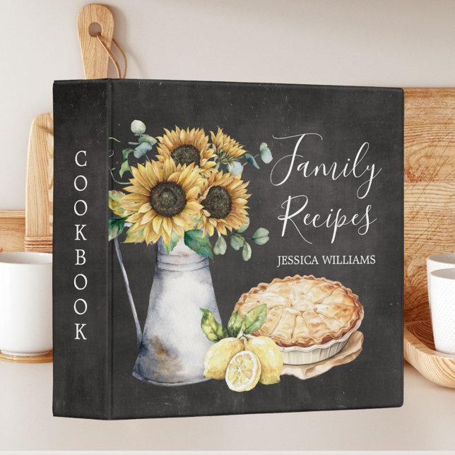 Rustic Sunflower Country Black Family Recipe 3 Ring Binder (In situ)