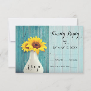 Rustic Sunflower Country Blue Wood Wedding RSVP Card