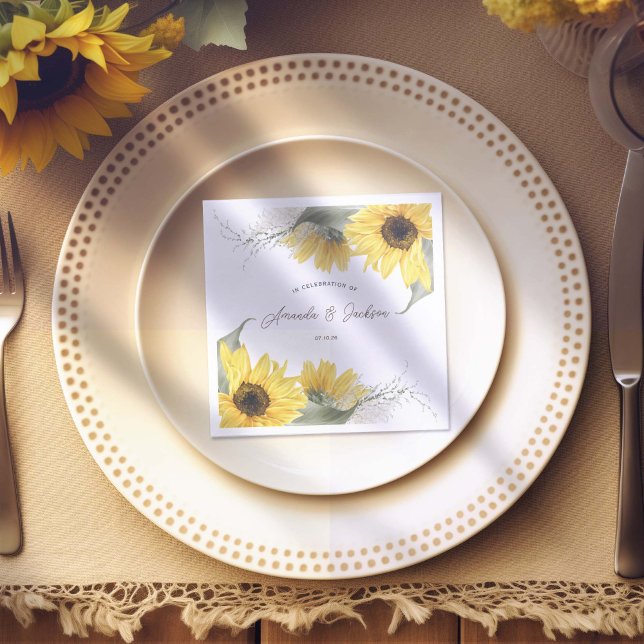rustic sunflower, country fall wedding  paper dinner napkins (Rustic Sunflower Themed, Wedding paper napkin. Personalized with Bride & groom's names)