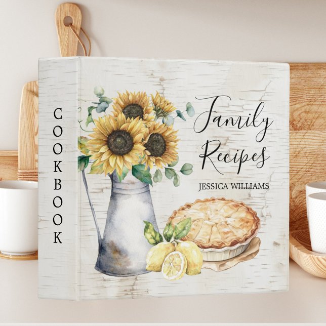 Rustic Sunflower Country Farmhouse Family Recipe 3 Ring Binder (In situ)