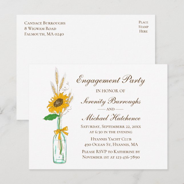 Rustic Sunflower Country Floral Engagement Party Invitation Postcard (Front/Back)