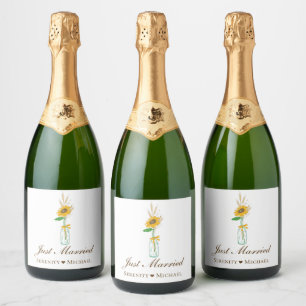 Rustic Sunflower Country Floral Just Married Sparkling Wine Label