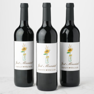 Rustic Sunflower Country Floral Just Married Wine Label