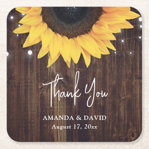 Rustic Sunflower Country Wood Wedding Favor Square Paper Coaster