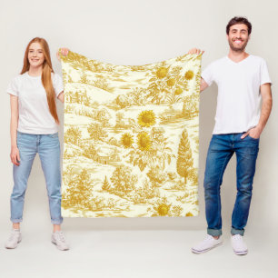 Rustic Sunflower Countryside Toile in Warm Tones Fleece Blanket