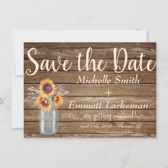 Rustic Sunflower CountryVintage Wood Save the Date (Front)