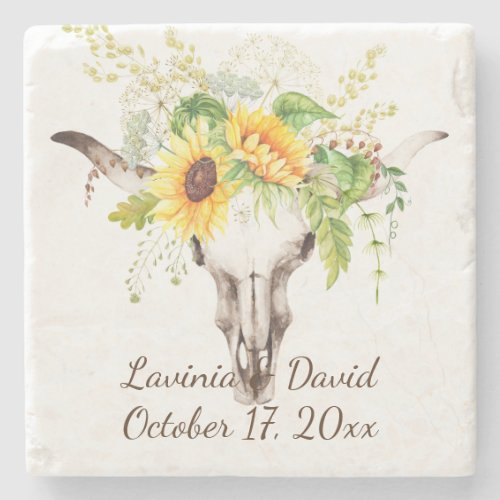 Rustic Sunflower Cow Skull Horns Bouquet Monogram Stone Coaster