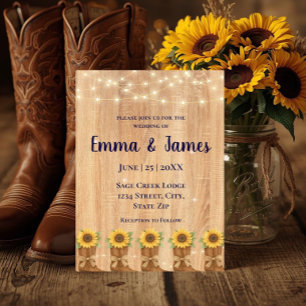 Rustic Sunflower Cowboy Boots Wood Wedding Invitation