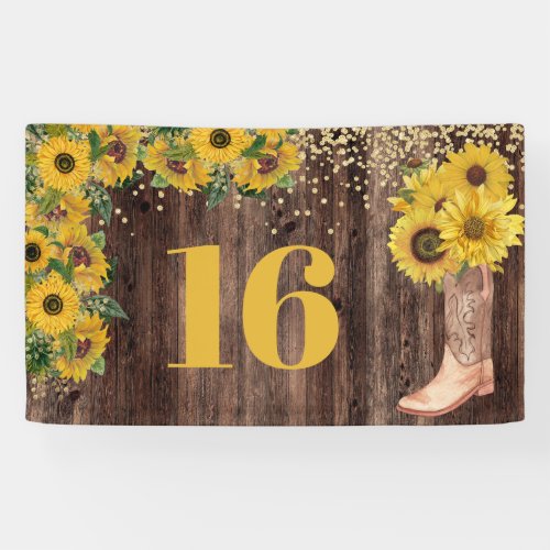 Rustic Sunflower Cowgirl Boot Glitter 16 Birthday  Banner