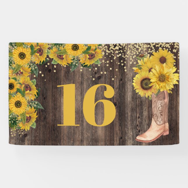 Rustic Sunflower Cowgirl Boot Glitter 16 Birthday  Banner (Horizontal)