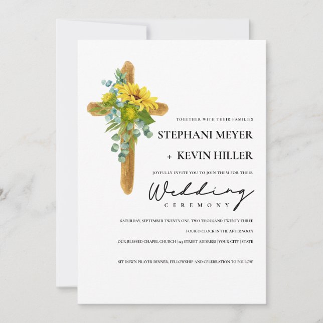 Rustic Sunflower Cross Christian Wedding Invitation (Front)