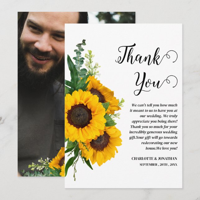 Rustic Sunflower Custom Photo Wedding  Thank You Card (Front/Back)