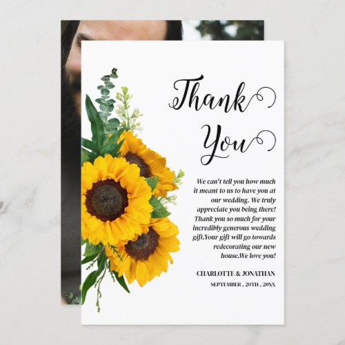 Rustic Sunflower Custom Photo Wedding  Thank You Card