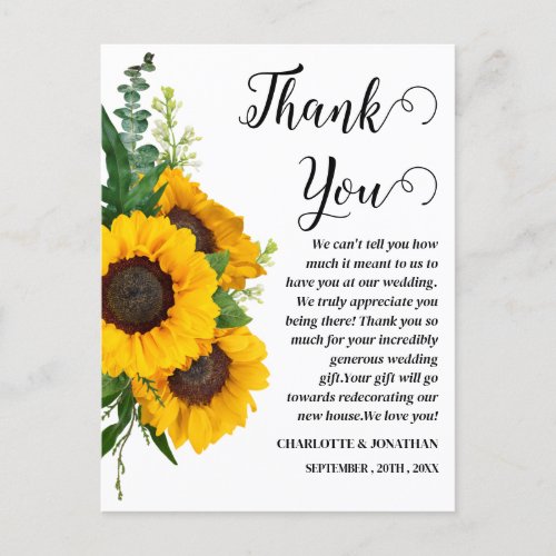 Rustic Sunflower Custom Photo Wedding Thank You Postcard