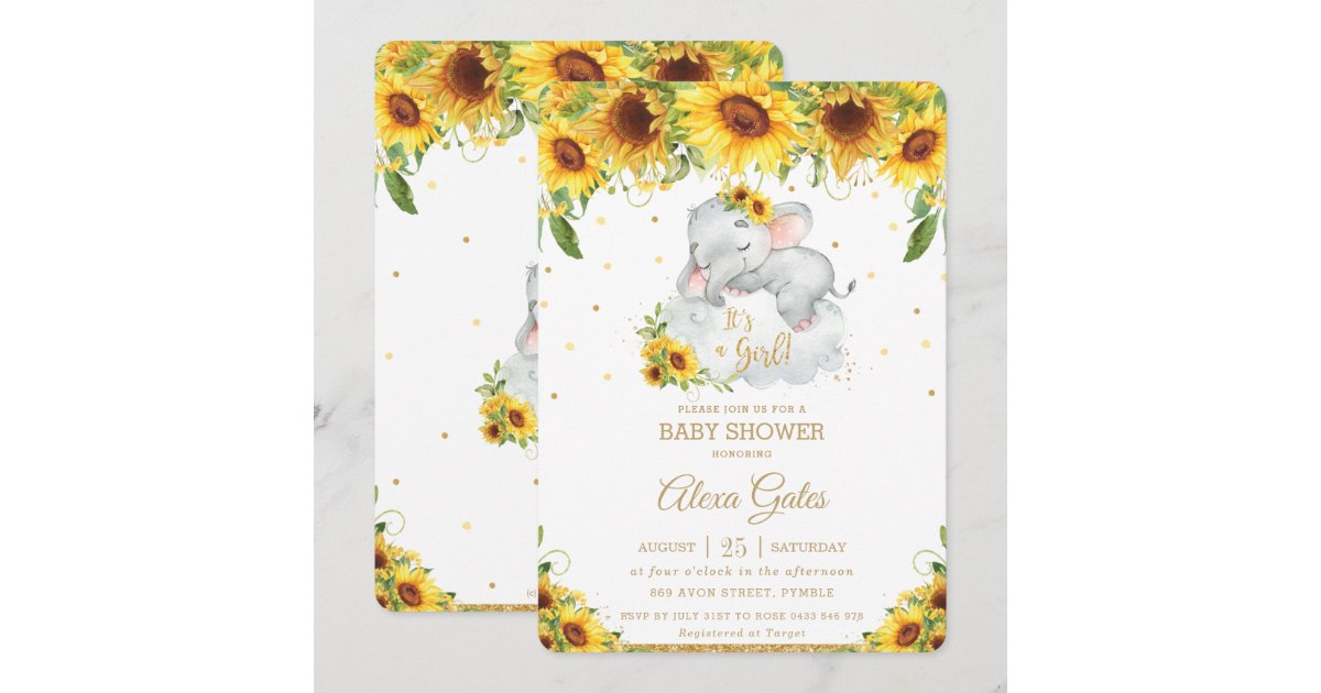 Rustic Sunflower Cute Elephant Baby Shower Girl Invitation | Zazzle