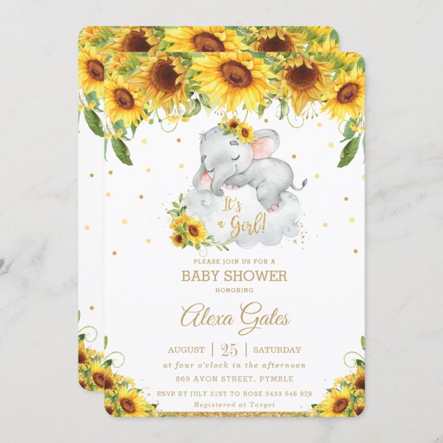 Rustic Sunflower Cute Elephant Baby Shower Girl Invitation (Front/Back)
