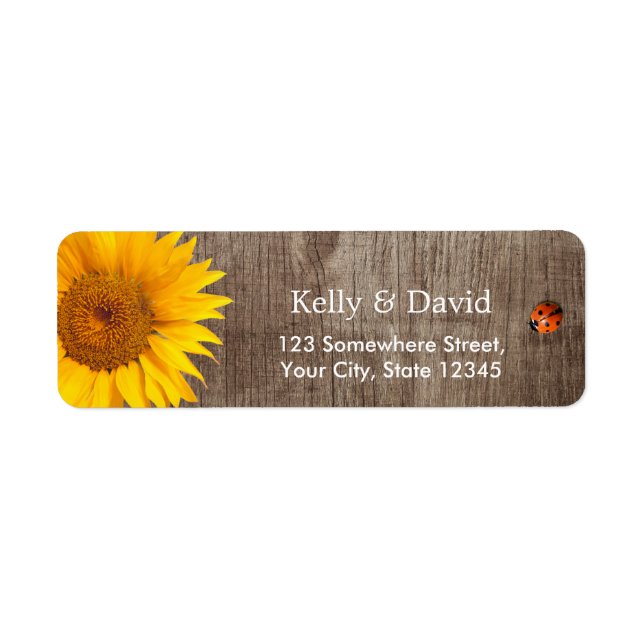 Rustic Sunflower Cute Ladybug Barn Wood Wedding Label (Front)