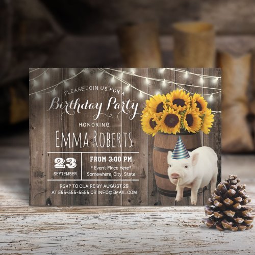 Rustic Sunflower Cute Pig Farm Birthday Party Invitation