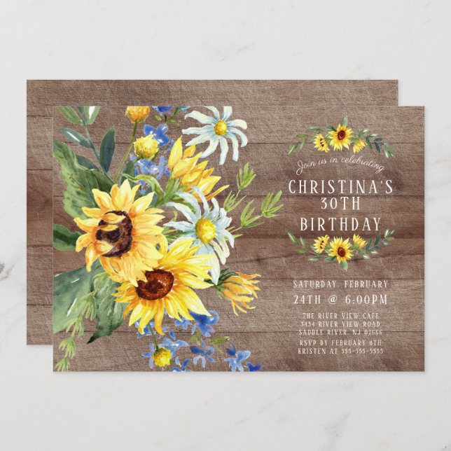 Rustic Sunflower Daisy Birthday Party Invitation (Front/Back)