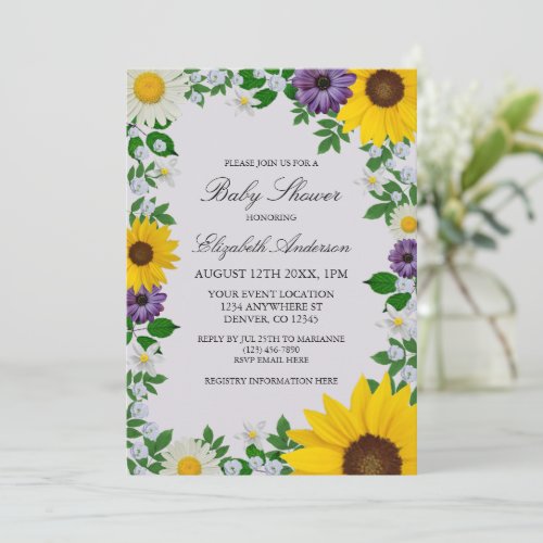 Rustic Sunflower Daisy Floral Baby Shower Invitation