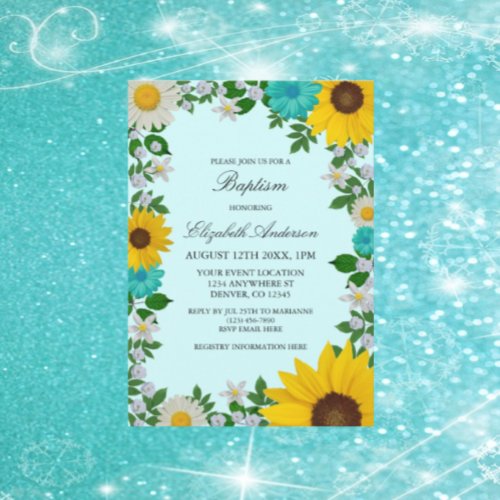 Rustic Sunflower Daisy Floral Baptism Invitation