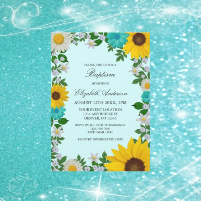 Rustic Sunflower Daisy Floral Baptism Invitation (Creator Uploaded)