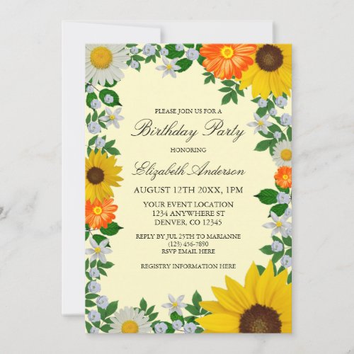 Rustic Sunflower Daisy Floral Birthday Invitation