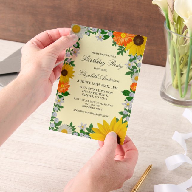 Rustic Sunflower Daisy Floral Birthday Vellum Invitations (Handheld)