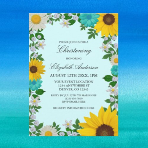 Rustic Sunflower Daisy Floral Christening Invitation