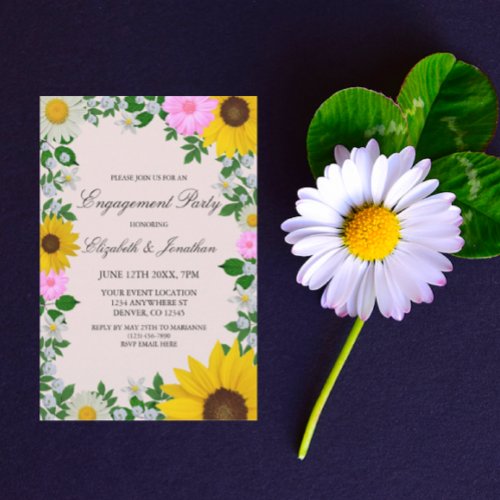 Rustic Sunflower Daisy Floral Engagement Party Invitation